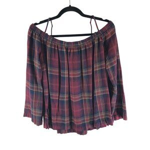 Cloth & Stone Plaid Off-The-Shoulder Blouse M Burgundy & Navy Schoolgirl